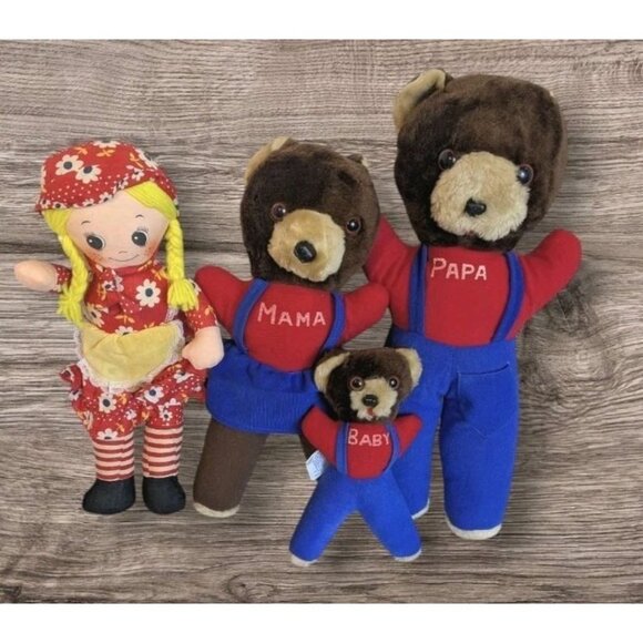 Vtg Elka Plush Goldilocks & 3 Bears Papa Mama Baby Stuffed Animals Toys Prize - Picture 1 of 16